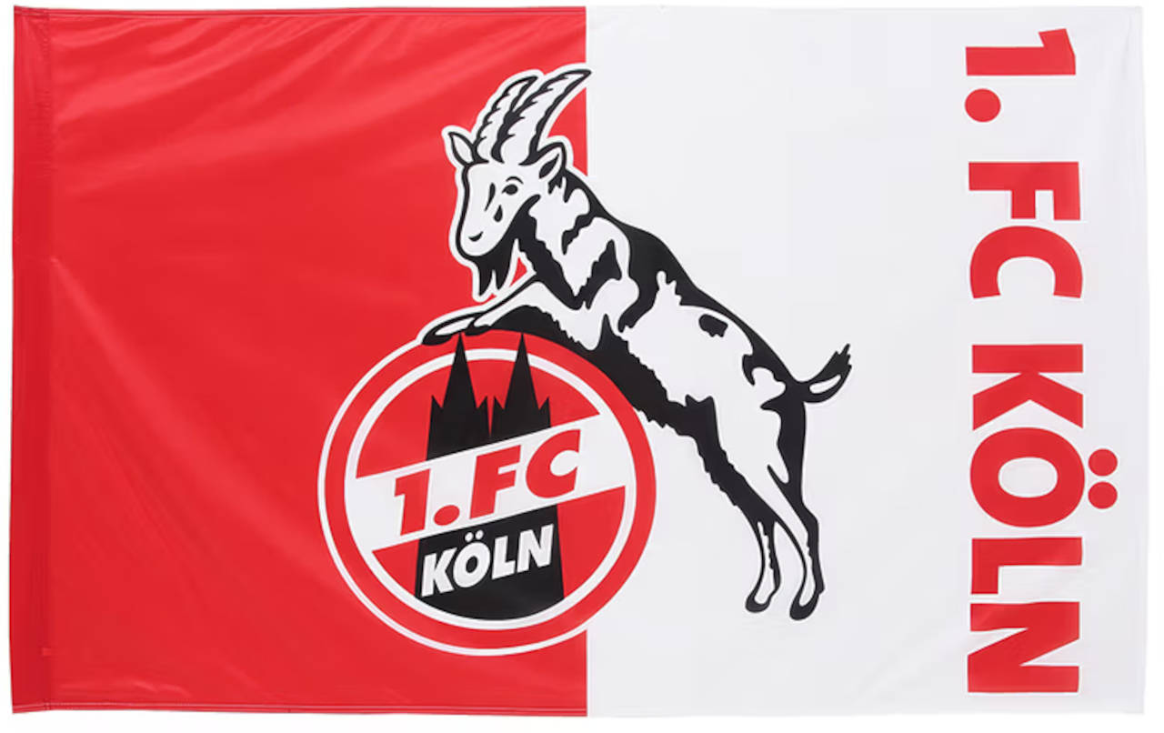 Die Schwenkflagge des 1. FC Köln mit dem Vereinslogo, perfekt zum Unterstreichen der Fanliebe und Unterstützung für den Verein.