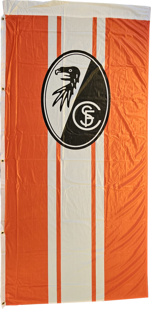 Die Hochformat-Hissflagge des SC Freiburg, geprägt durch elegante rot und weiße Streifen, die vertikal von oben nach unten verlaufen. Diese Streifen repräsentieren die klassischen Farben des Vereins und schaffen ein dynamisches, aber dennoch stilvolles Er