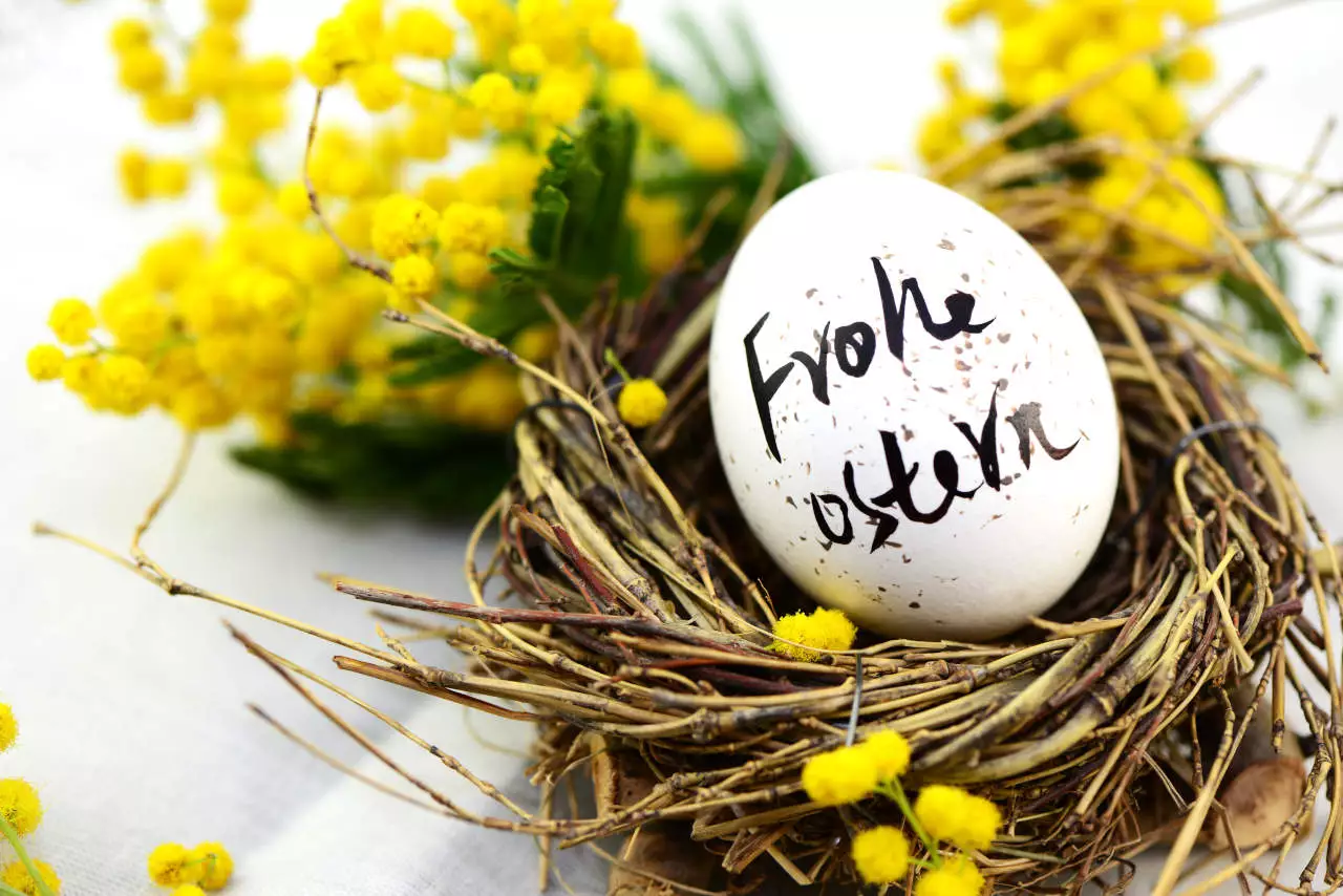 Kleines, kunstvolles Osternest aus Holzästen mit einem weißen Ei, darauf der Text 'Frohe Ostern', umgeben von gelben Blumen, eine charmante Osterdekoration präsentiert von flaggenmeer