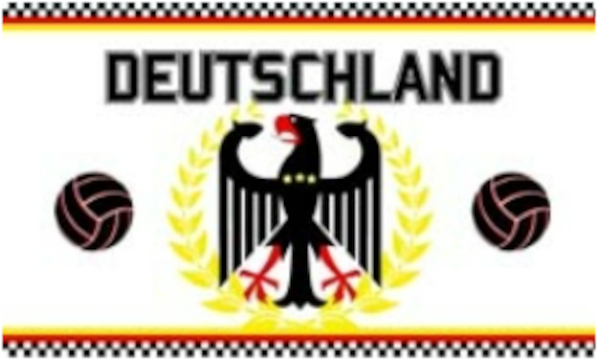 Die Deutschland mit Fußball-Flagge beeindruckt mit einem klaren und ansprechenden Design. Ein weißer Hintergrund symbolisiert Reinheit und Einfachheit, während der obere und untere Rand in den deutschen Nationalfarben Schwarz, Rot und Gold gehalten ist, w