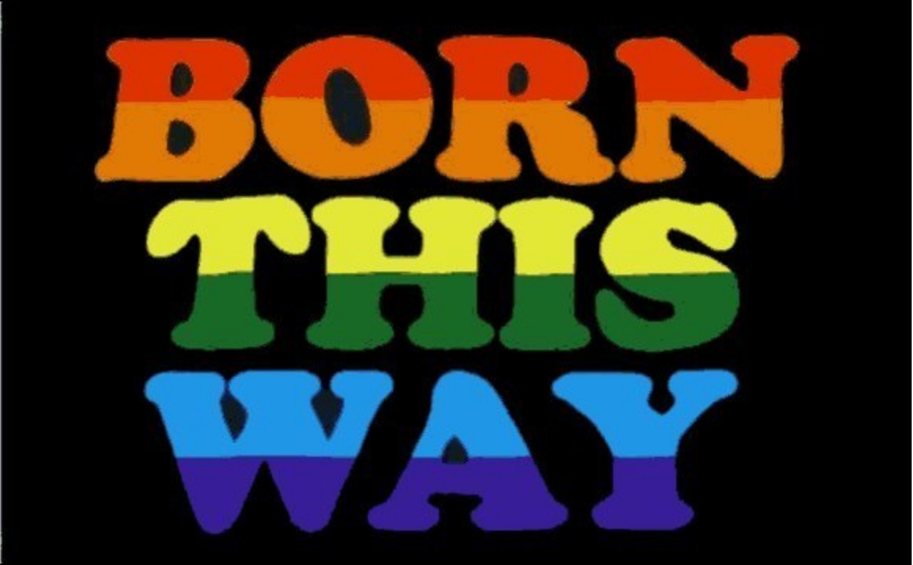 Die 'Born This Way' Regenbogenflagge, präsentiert vor einem schwarzen Hintergrund, verkörpert den Stolz und die Selbstakzeptanz der LGBTQ+-Gemeinschaft. Der auffällige Schriftzug 'BORN THIS WAY' in Großbuchstaben ist in zwei Regenbogenfarben pro Wort gest