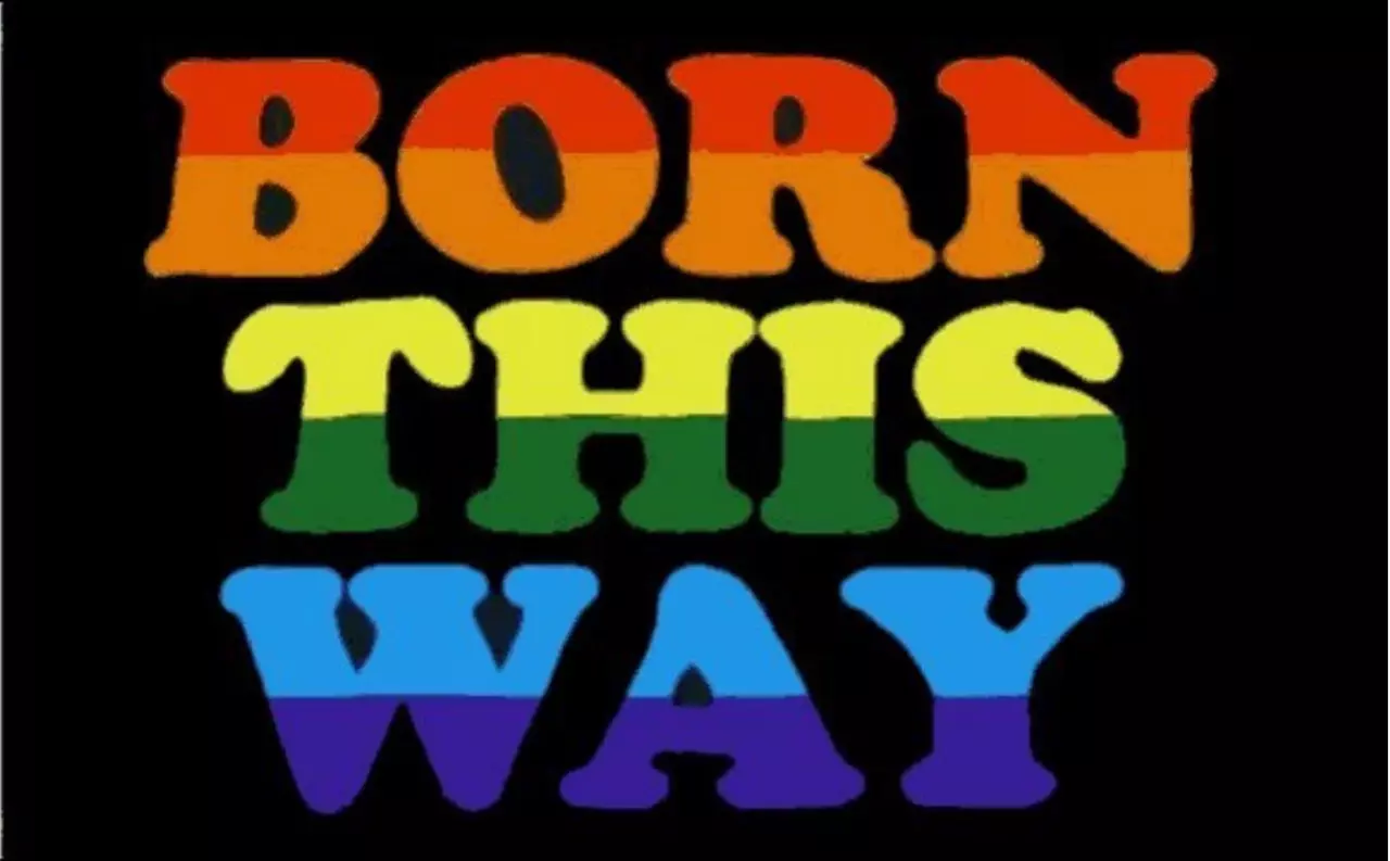 Die 'Born This Way' Regenbogenflagge, präsentiert vor einem schwarzen Hintergrund, verkörpert den Stolz und die Selbstakzeptanz der LGBTQ+-Gemeinschaft. Der auffällige Schriftzug 'BORN THIS WAY' in Großbuchstaben ist in zwei Regenbogenfarben pro Wort gest