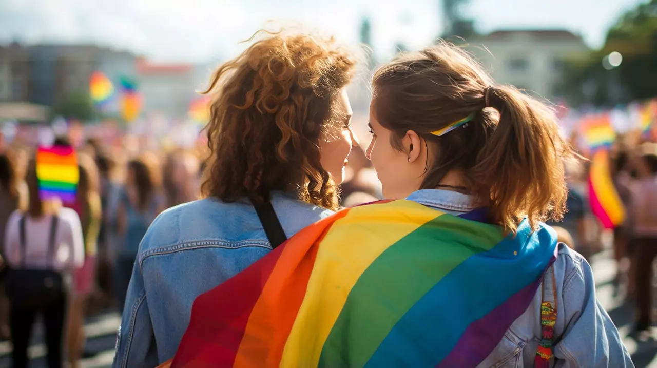 Zwei Frauen, von hinten gesehen, blicken sich an, eine Regenbogenflagge über ihre Schultern gelegt, im Hintergrund eine Veranstaltung mit vielen Menschen und Regenbogenflaggen, symbolisiert Diversität und Einheit, festgehalten bei flaggenmeer