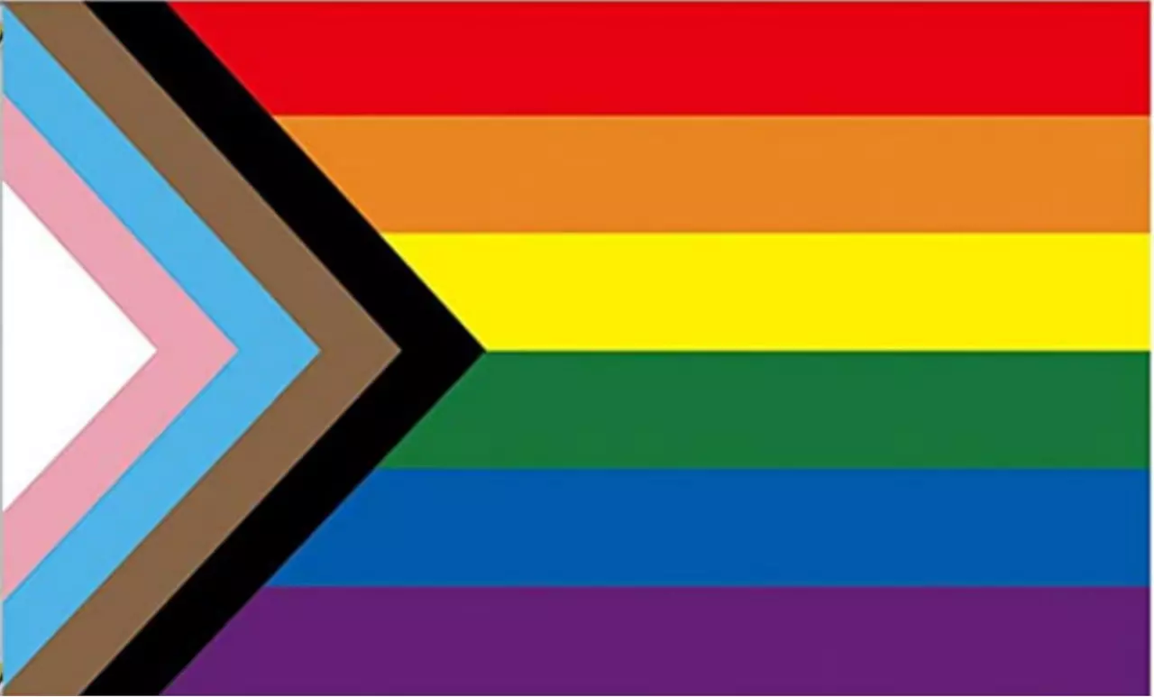 Progress Pride Flagge mit einem markanten Pfeildesign auf der linken Seite, bestehend aus fünf Farbstreifen: Schwarz, Braun, Hellblau, Rosa und Weiß. Diese Farben repräsentieren die Vielfalt innerhalb der LGBTQ+-Gemeinschaft, wobei Schwarz und Braun die S