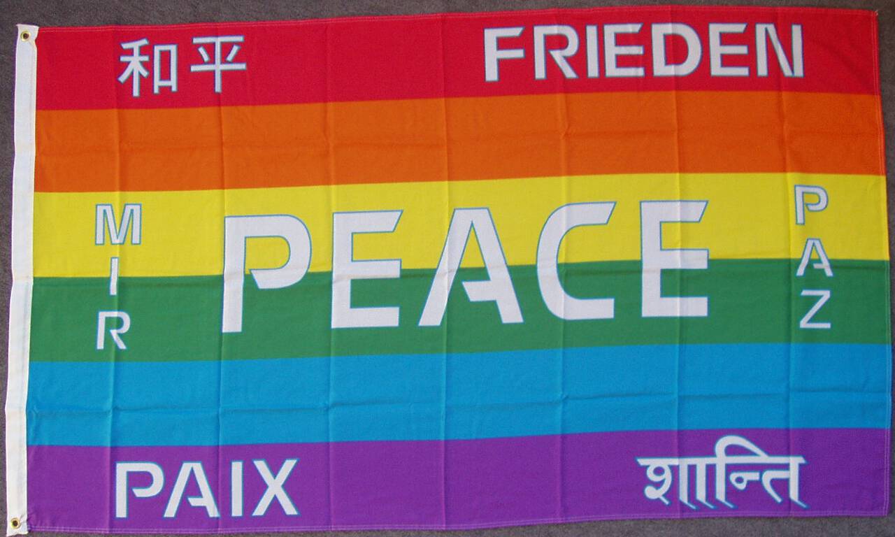 Flagge Regenbogen Peace in sieben Sprachen 80 g/m²