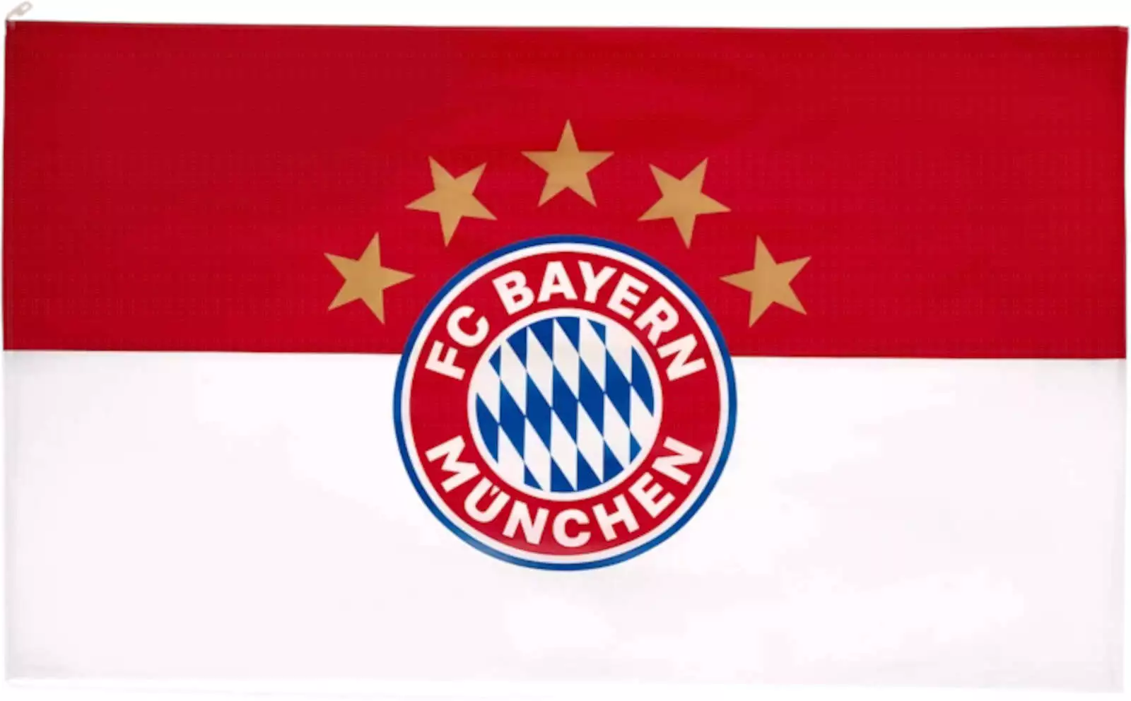 Die FC Bayern München Hissflagge mit dem 5-Sterne-Logo, ein Symbol für die herausragenden Erfolge des Vereins, ein Muss für Bayern-Fans.