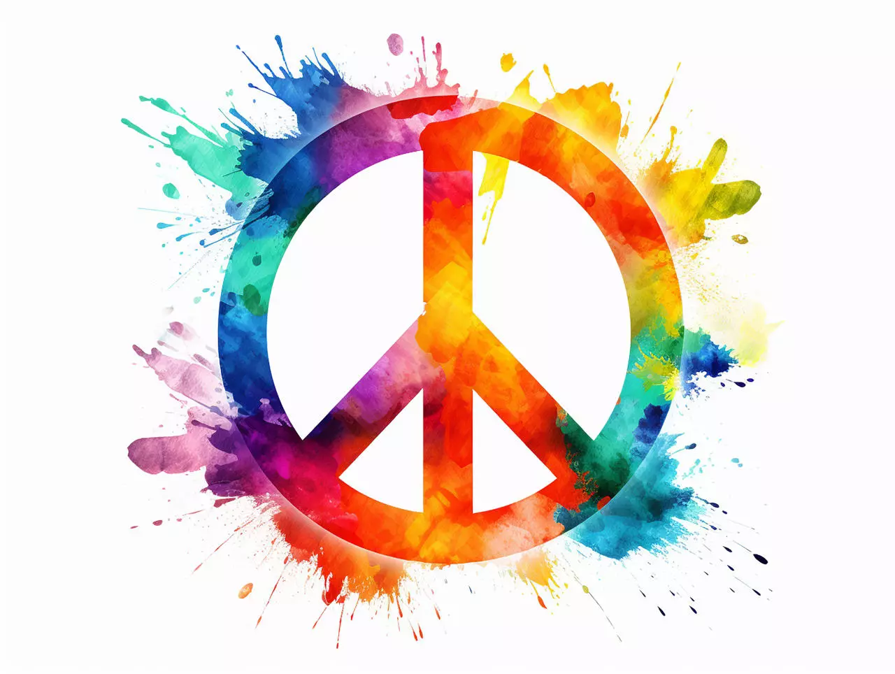Peace-Zeichen in leuchtenden Regenbogenfarben mit nach außen verwischten Rändern auf weißem Hintergrund, ein starkes Symbol für Frieden und Diversität, angeboten bei flaggenmeer
