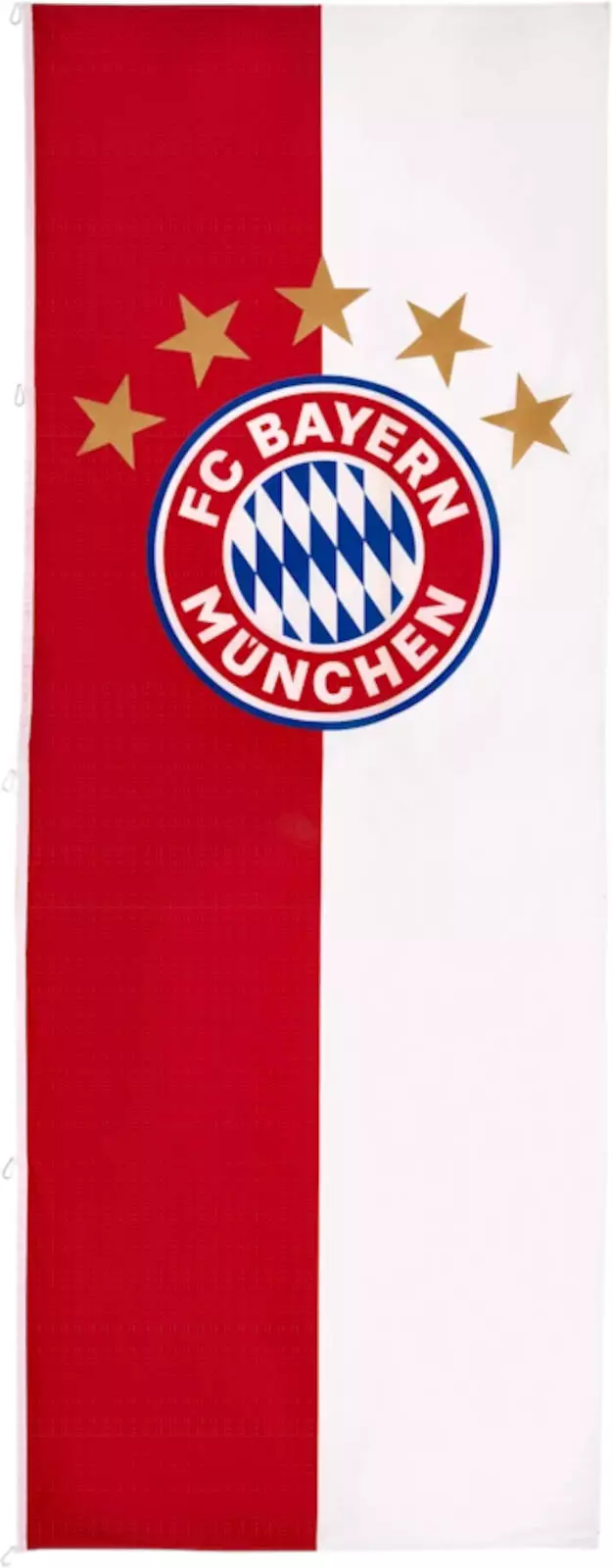 Die Hissflagge des FC Bayern München mit dem 5-Sterne-Logo im Hochformat, ein stolzes Symbol für die Erfolge des Vereins, perfekt für Bayern-Fans.